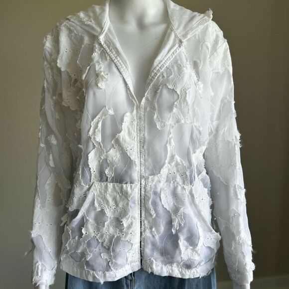 Y2K White Sheer Deconstructed Hoodie Long Sleeve Top - Picture 1 of 12